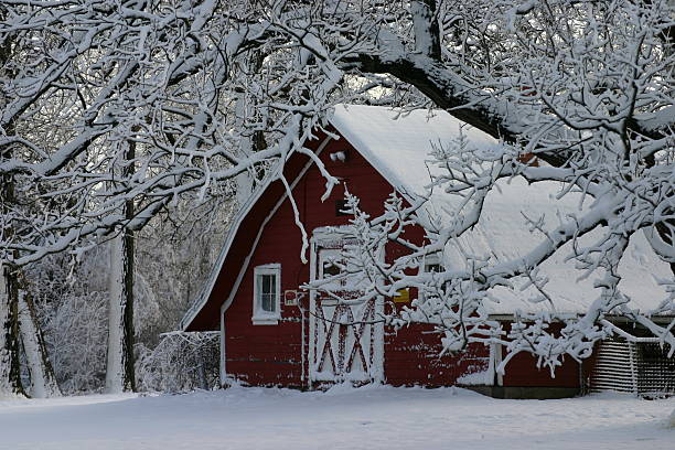 Red Barn in Snow stock photo