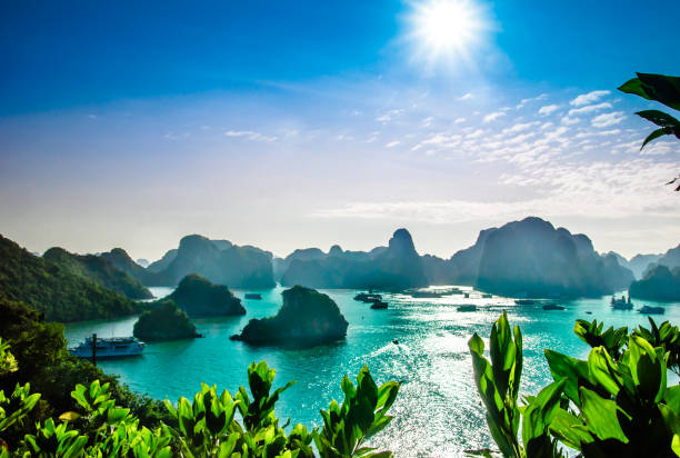 Karst landscape by halong bay in Vietnam stock photo
