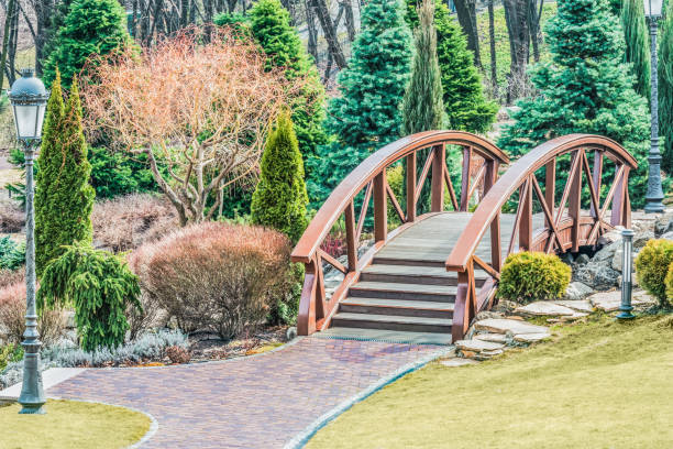 ウクライナ ・ キエフの近く mezhigirje 国立公園で小さな川を渡って美しい木造の橋。 - single lane road footpath flower formal garden ストックフォトと画像