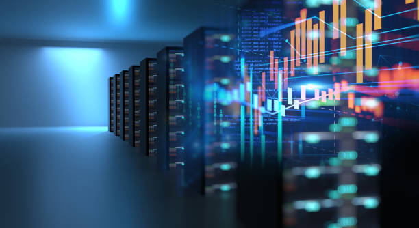 Corridor of  server room with server racks in datacenter. 3d illustration