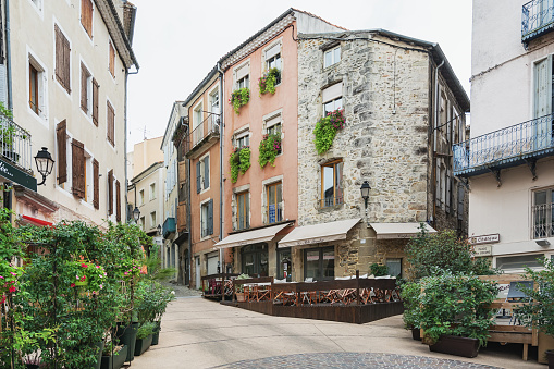Aubenas, France, September 18, 2016:  Restaurant in the historic center of Aubenas in France