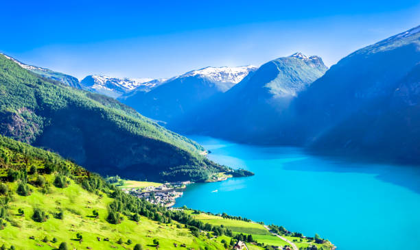 Spring landscape by Aurlandsfjord in Norway View on spring landscape and Aurlandsfjord in Norway stegastein viewpoint stock pictures, royalty-free photos & images
