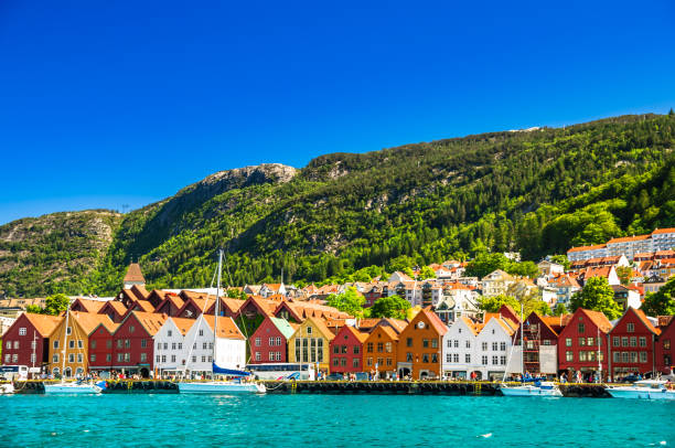 Cityscape and wooden building of Bryygen in Norway stock photo