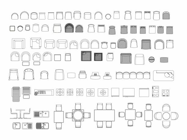 Top view of set furniture elements outline symbol for dining room, office, cafe, kitchen and living room. Interior icon chair, sink, table and sofa. Top view of set furniture elements outline symbol for dining room, office, cafe, kitchen and living room. Interior icon chair, sink, table and sofa. restaurant table layout stock illustrations