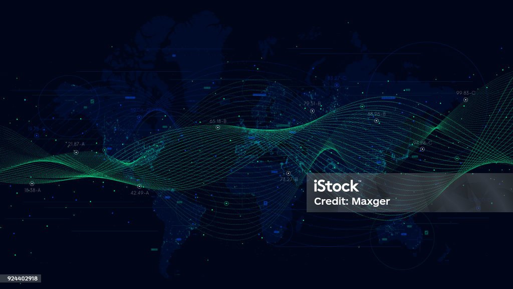 Abstract vector background with dynamic waves, big data visualization with a world map Data stock vector