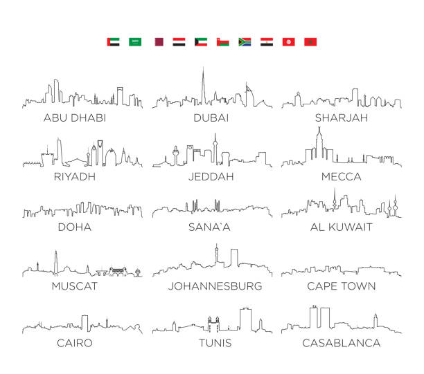 arabische halbinsel und afrika skyline stadt strichgrafiken, vektor-illustration design - dubai stock-grafiken, -clipart, -cartoons und -symbole