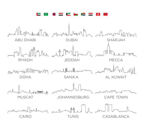 아라비아 반도 아프리카 스카이 시티 라인 아트, 벡터 일러스트 레이 션 디자인 - dubai skyline panoramic united arab emirates stock illustrations