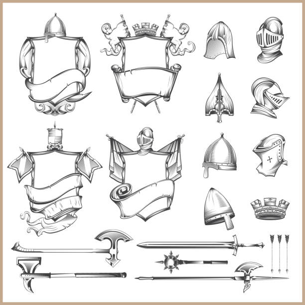 ilustrações, clipart, desenhos animados e ícones de coleção de elementos do vetor de heráldica, capacetes e armas medievais - coat of arms illustrations