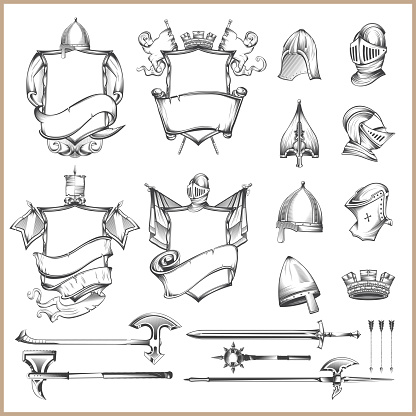 Collection of vector heraldic elements, helmets and medieval weapons