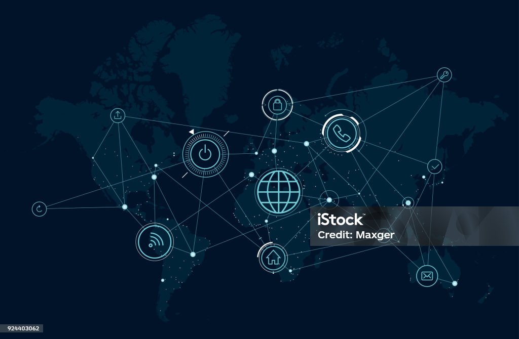 Mappa della rete di comunicazione del mondo, attività di processo dei dati, tecnologie wireless - arte vettoriale royalty-free di Connessione