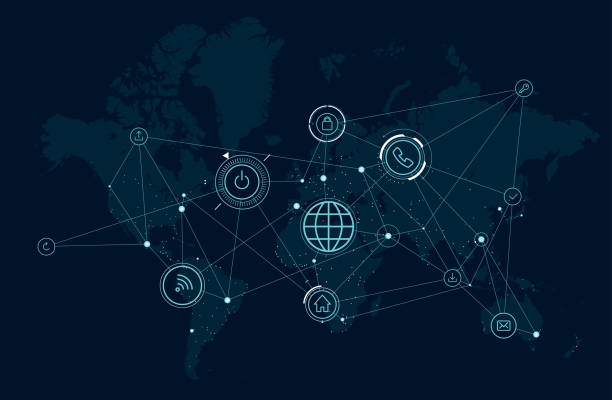 ilustrações, clipart, desenhos animados e ícones de mapa de rede de comunicações do mundo, processam de dados atividade, tecnologias sem fio - globe planet computer network communication