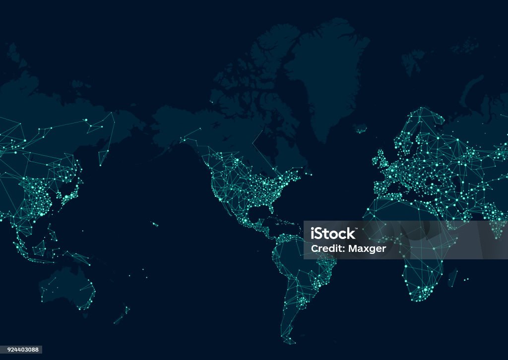 Communications network map of the world, Centered in the American continent World Map stock vector