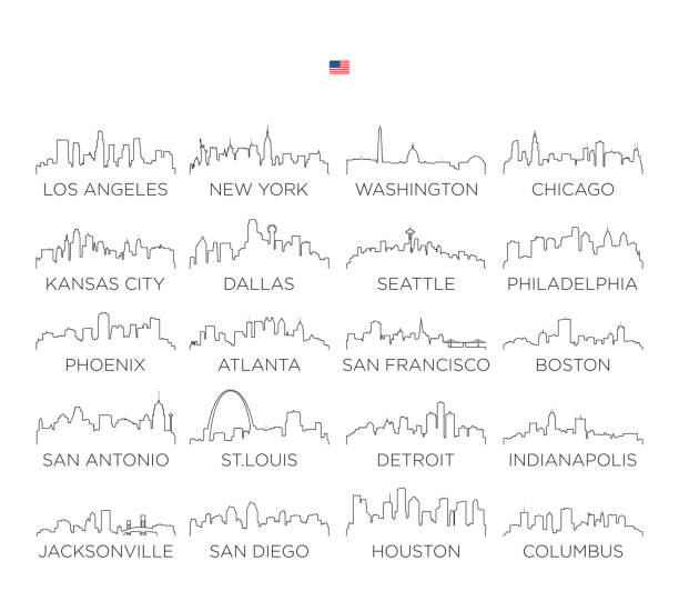 usa skyline city line art, wektor ilustracja projekt - indianapolis skyline cityscape indiana stock illustrations