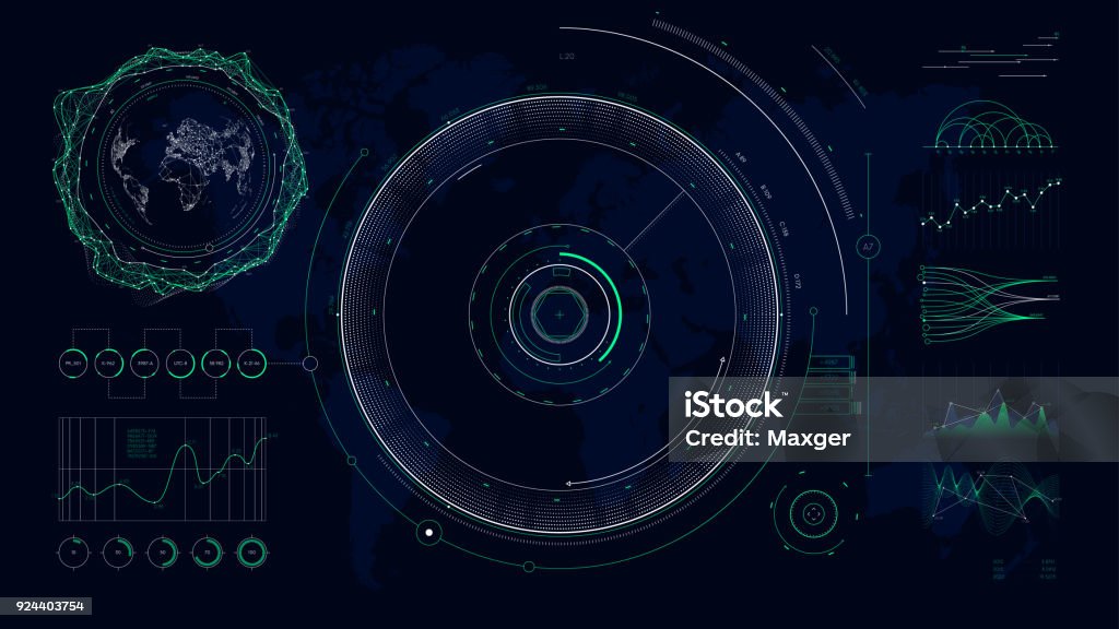 Vector usuario futurista interfaz HUD diseñar gráficos y gráficos, comunicaciones de la red digital mundial mapa mundial - arte vectorial de Círculo libre de derechos