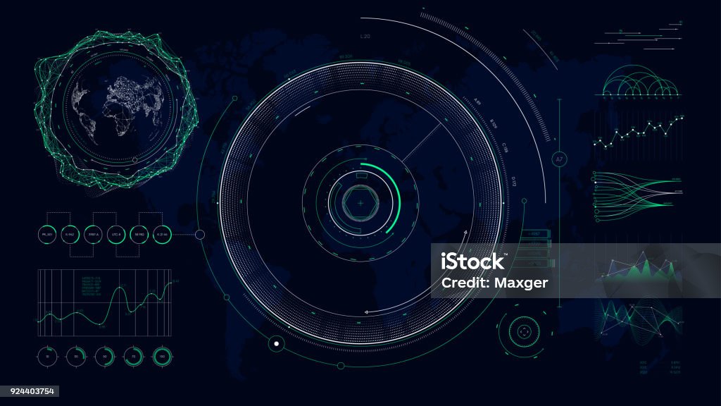 Vector futuristic user interface HUD design graphs and charts, Global digital network communications map world Technology stock vector