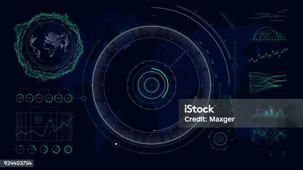 Vector Futuristic User Interface Hud Design Graphs And Charts Global Digital Network Communications Map World Stock Illustration - Download Image Now