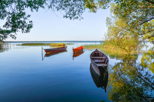 tres barcos de pesca en el lago cerca de la orilla - plescheevo fotografías e imágenes de stock