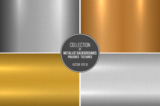 Collection of bright brushed metallic textures. Shiny polished metal backgrounds