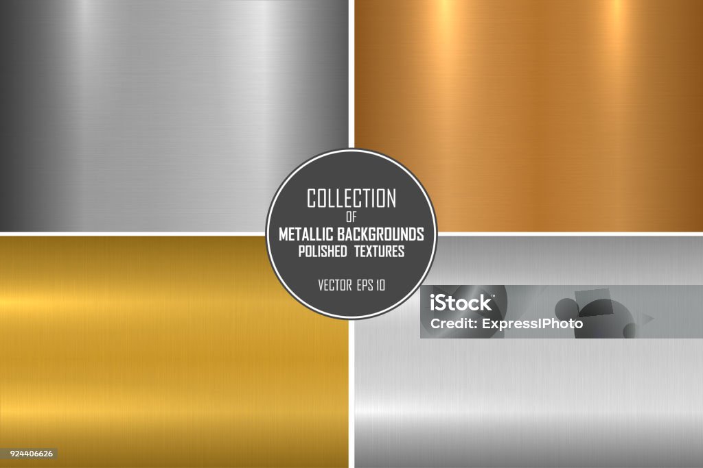 Collection of bright brushed metallic textures. Shiny polished metal backgrounds Collection of bright brushed metallic textures. Shiny polished metal backgrounds. Gold - Metal stock vector