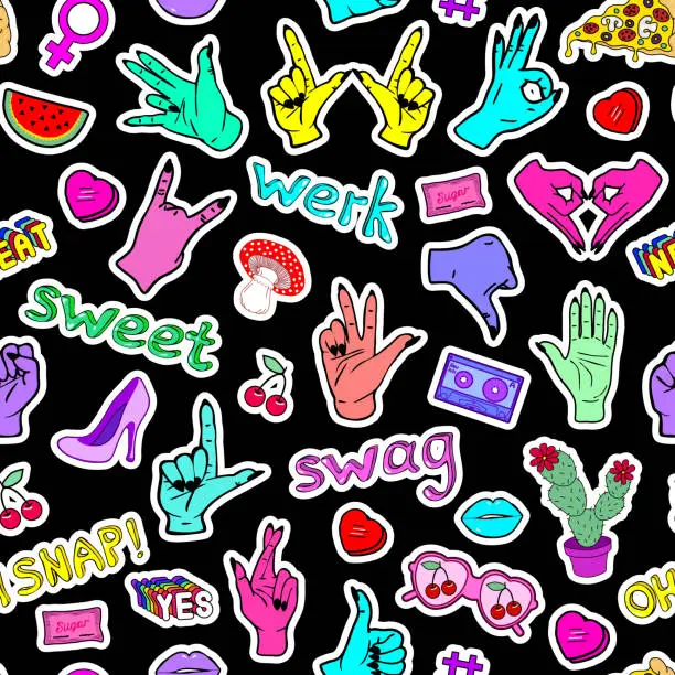 Vector illustration of Seamless pattern with fashion patches, slang words, phrases 