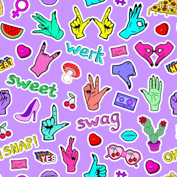 Vector illustration of Seamless pattern with fashion patches, slang words, phrases 