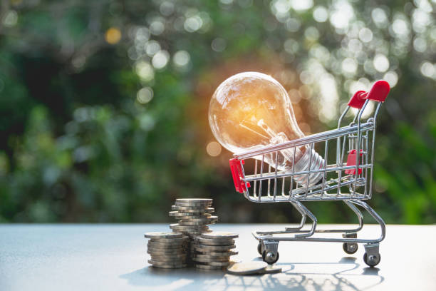 istock Energy saving light bulb and tree growing on stacks of coins on nature background. Saving, accounting and financial concept. 924407356