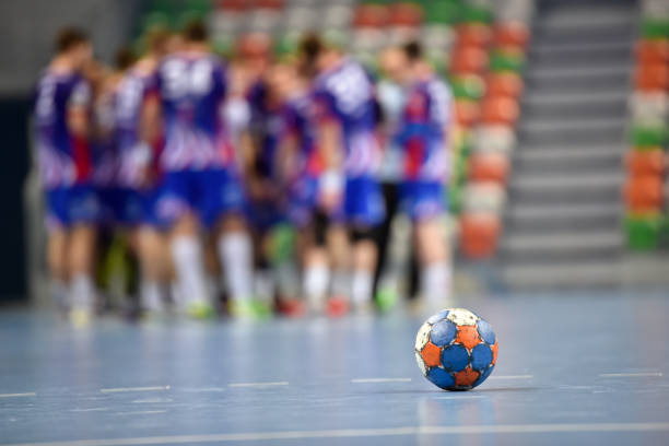 handball The ball during handball match time . handball stock pictures, royalty-free photos & images