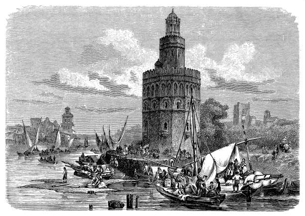 Torre del Oro, Seville, Spain Illustration of a Torre del Oro, Seville, Spain seville port stock illustrations