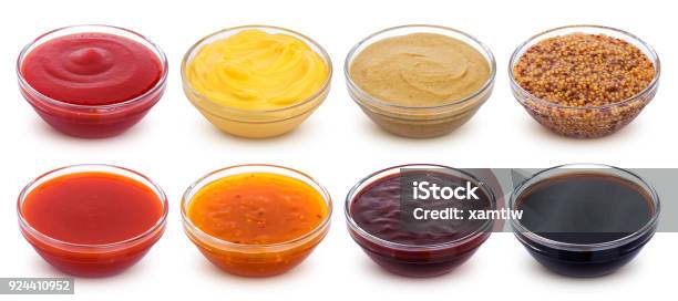 Different Sauces Isolated On White Background Stock Photo - Download Image Now - Sauce, Dipping, Bowl