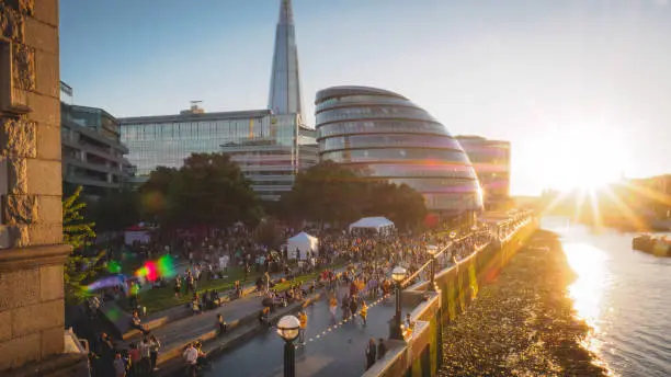 Photo of City Hall and the Shard at sunset, London.