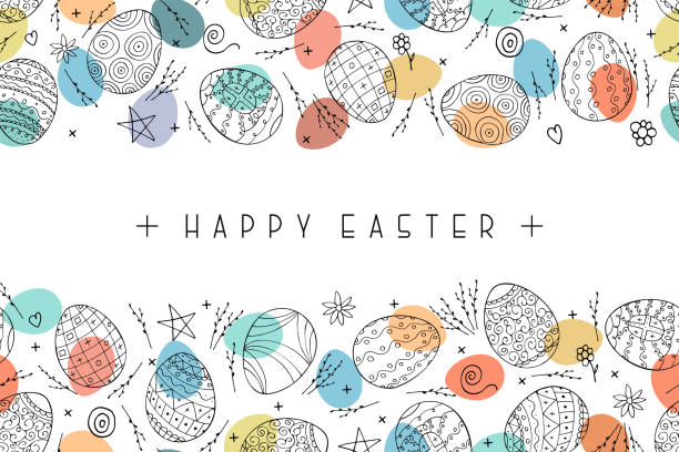 ilustrações de stock, clip art, desenhos animados e ícones de happy easter background with ornamental eggs. hand drawn design. vector holiday card, postcard, banner, poster and ect - easter egg pastel colored text easter