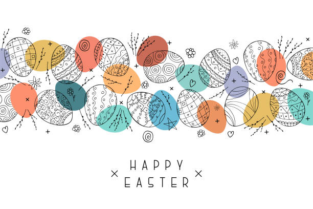 ilustrações de stock, clip art, desenhos animados e ícones de happy easter background with ornamental eggs. hand drawn design. vector holiday card, postcard, banner, poster and ect - easter egg pastel colored text easter