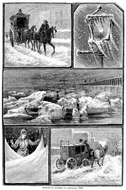 Victorian engraving of multiple wintertime scenes in London; 19th century illustrations of snow and ice in London 1883 Taken from The Cottager and Artisan 1882 winter wonderland london stock illustrations