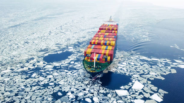 Container ship in the sea at winter time stock photo