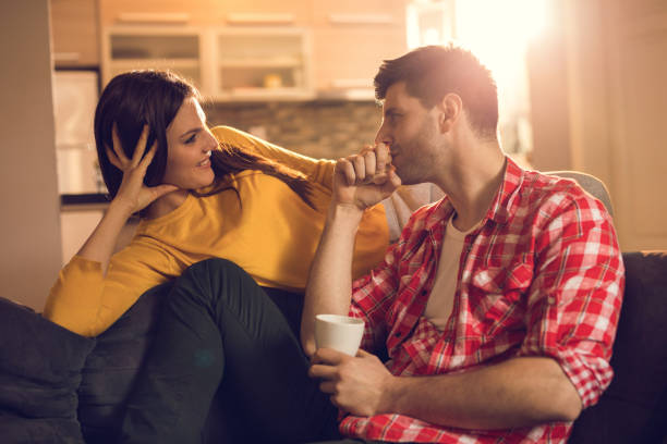 istock Beauty young couple relaxing at home 924426300