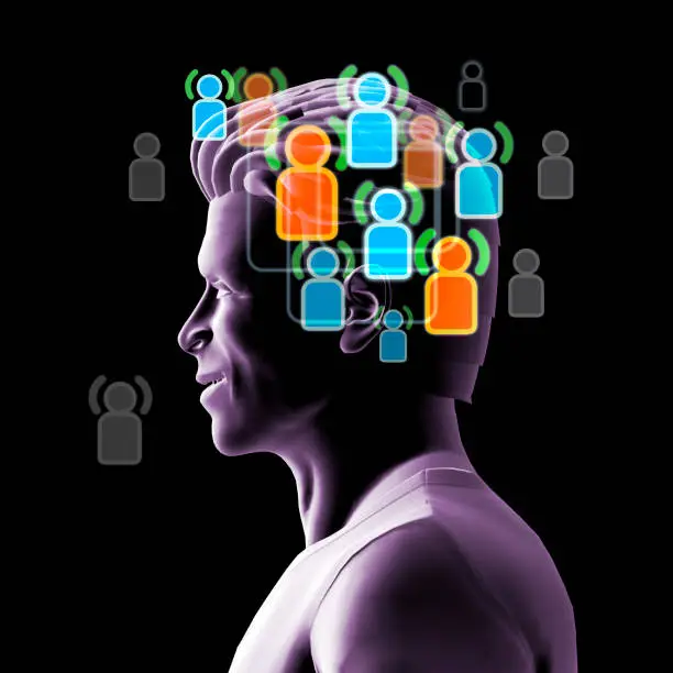 Profile of man with social network friends in his head on black background