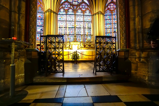 Paris, France- circa May, 2017: Majestic interior of the famous Notre Dame de Paris Cathedral in Paris, France
