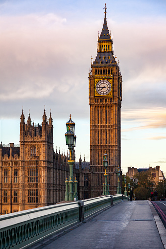 Palace of Westminster Elizabeth Tower aka Big Ben as seen from the Westminster Bridge in a morning light, London, UK