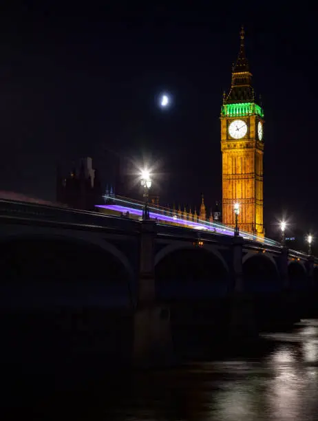 Photo of London night scene with illuminated Westminster Bridge and Elizabeth Tower or Big Ben