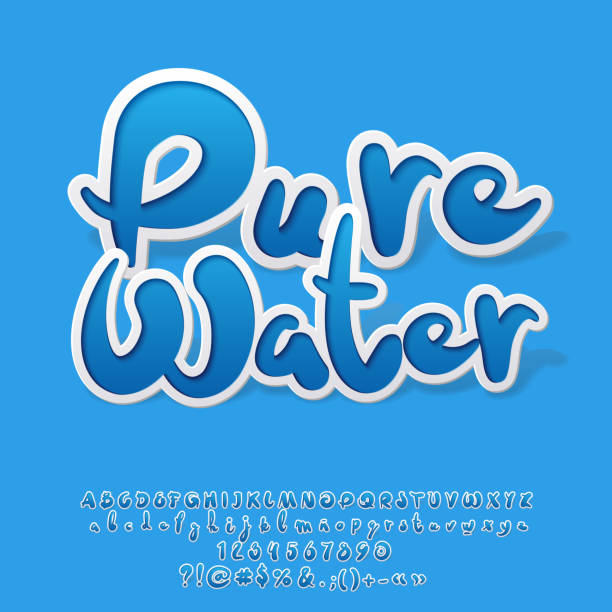 illustrazioni stock, clip art, cartoni animati e icone di tendenza di alfabeto in stile adesivo blu vettoriale con logo pure water - alphabet blue typescript single word