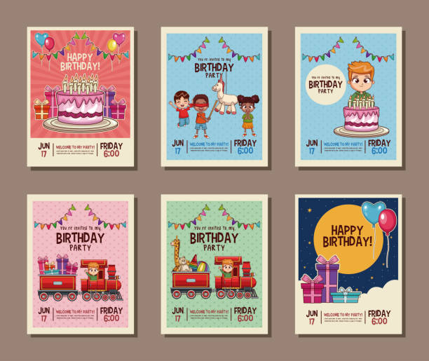 illustrazioni stock, clip art, cartoni animati e icone di tendenza di imposta il biglietto d'invito per feste di compleanno per bambini - birthday child celebration party