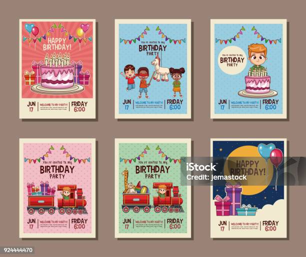 Set On Birthday Kids Party Invitation Card Stock Illustration - Download Image Now - Birthday, Invitation, Child