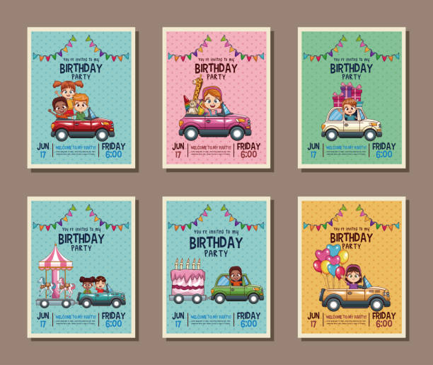 ilustrações, clipart, desenhos animados e ícones de definido no cartão de convite de festa de crianças de aniversário - pennant flag party old fashioned