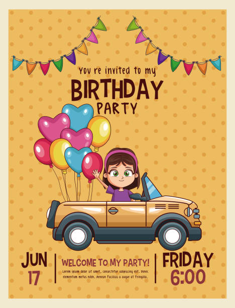 illustrazioni stock, clip art, cartoni animati e icone di tendenza di biglietto d'invito per il compleanno dei bambini - pennant flag party old fashioned