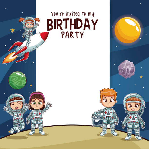 Birthday kids invitation party card Birthday kids invitation party card vector illustration graphic design astronaut borders stock illustrations