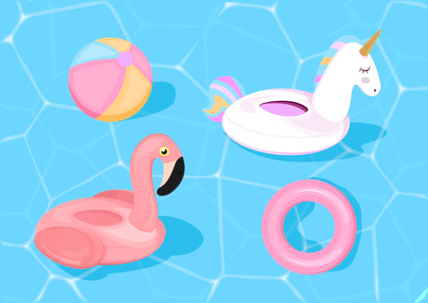 illustrations, cliparts, dessins animés et icônes de piscine drôle flotte flamingo et licorne. illustration vectorielle. jouets pour la piscine sur fond de mer bleue. - swimming pool child swimming buoy