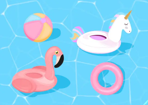 Vector illustration of Funny pool floats with flamingo and unicorn. Vector illustration. Pool toys on blue sea background.