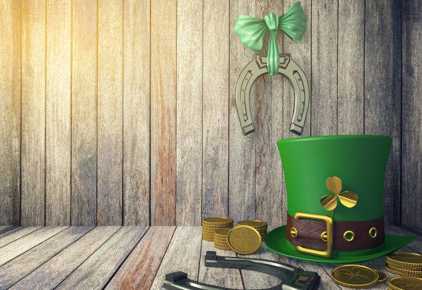 St. Patrick's Day Leprechaun Hat with Gold Coins and Horseshoes St. Patrick's Day Leprechaun Hat with Gold Coins and Horseshoes on Wooden Background with Copy Space, 3D Rendering traditional thai costume stock pictures, royalty-free photos & images