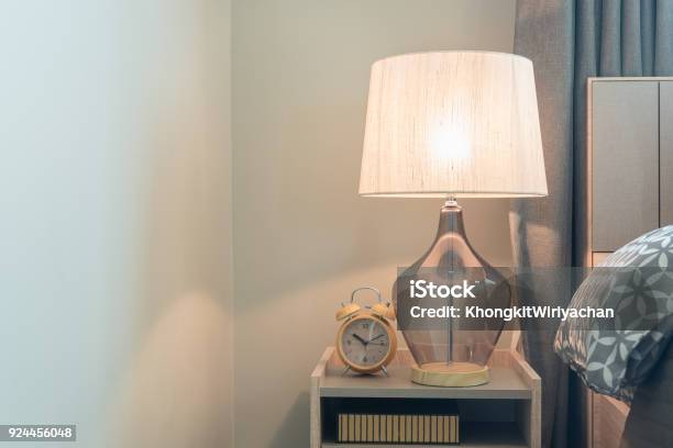 Classic Lamp On Wooden Table Side Stock Photo - Download Image Now - Electric Lamp, Table, Lamp Shade