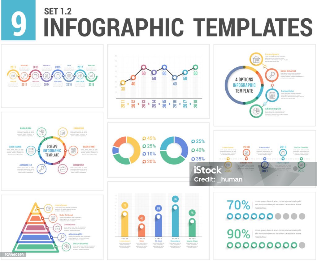 9 Infographic Templates 9 infographic templates, set 1, colors 2 - timelines, bar and line charts, pyramid, pie chart, percents, steps/options, circle diagram, vector eps10 illustration Single Object stock vector